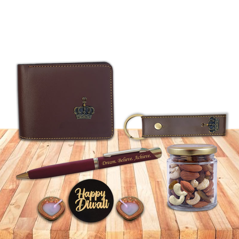 Diwali Gift Set for Men - Leather Wallet, Keychain & King Charm, Quote Engraved Pen