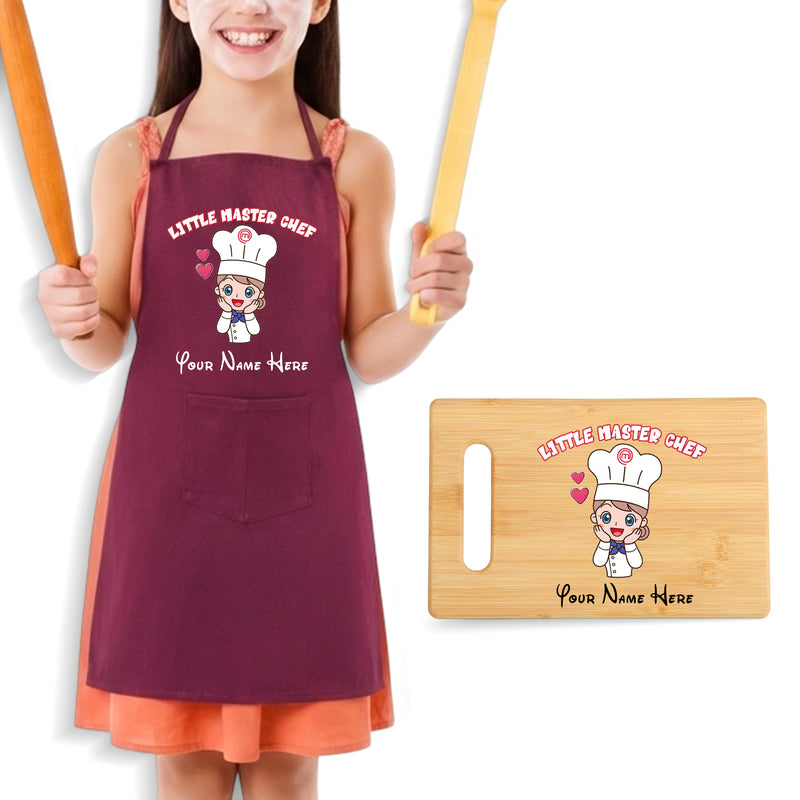 Customized Little Master Chef Gift Combo for Kids | Name Printed Apron & Wooden Board