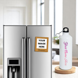 Personalized Holi Combo – Name Engraved Bottle & Custom Fridge Magnet with Picture.