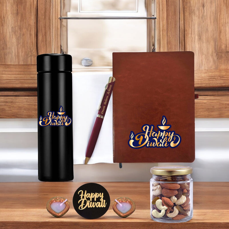 Diwali Gift Combo – Leather Diary, 'Happy Diwali' Bottle & Engraved Pen.