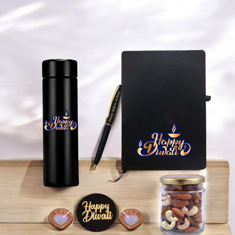 Diwali Gift Combo – Leather Diary, 'Happy Diwali' Bottle & Engraved Pen.