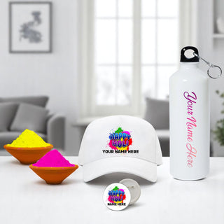 Personalized Holi Combo – Bottle, Badge & Cap with Name & 2 Holi Colors