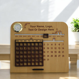 Wooden Desk Calendar with Clock – Lifetime Perpetual Calendar with Name Engraving