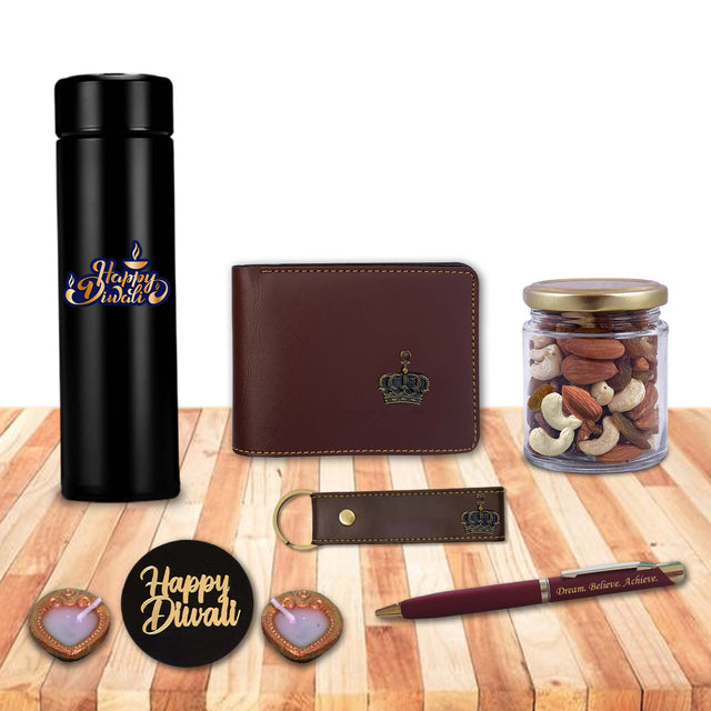 Diwali Gift Set – Men's Leather Wallet, King Charm, Keychain, Pen & 'Happy Diwali' Bottle.