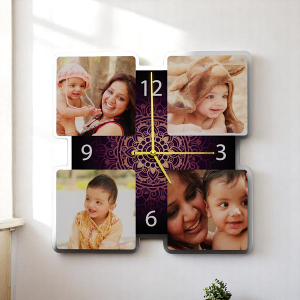 Acrylic Wall Clock (12x12 Inches) –With 4 Custom Photos &  Unique Design