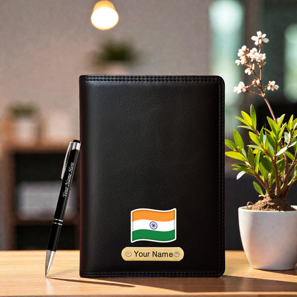 Customized Black Leather Diary with Indian Flag-Colored Design & Name Engraved Pen.