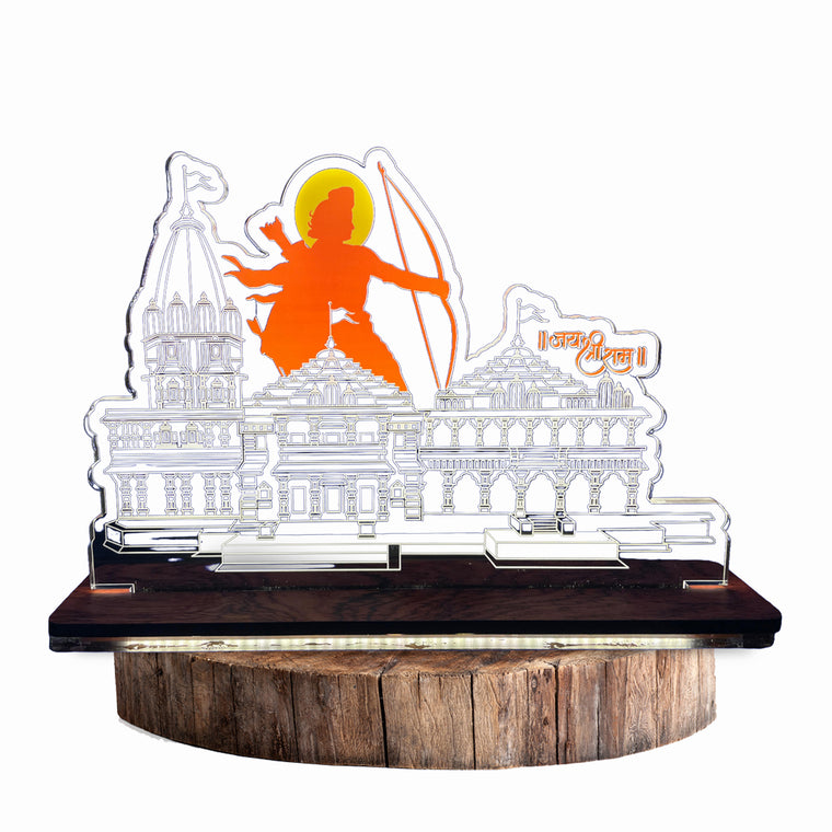 Acrylic Ram Mandir Miniature with LED Light & Wooden Base