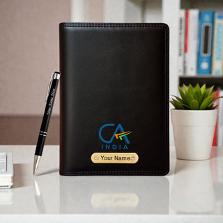 Customized Black Leather Diary with Colored CA Logo Design & Name Engraved Pen.