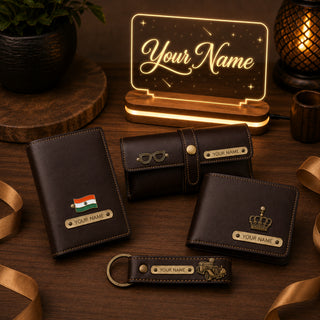 Customized Men's Gift 5 Pcs Combo Set with Leather Combo 4 Set and a Led Acrylic Name Frame.