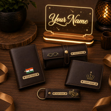 Customized Men's Gift 5 Pcs Combo Set with Leather Combo 4 Set and a Led Acrylic Name Frame.