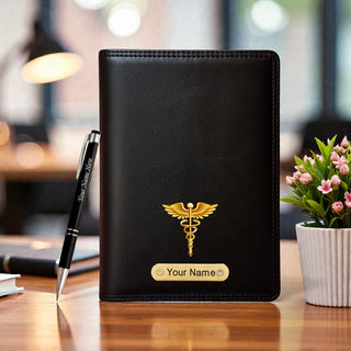 Customized Black Leather Diary with Coloured Doctor Logo & Name Engraved Pen.
