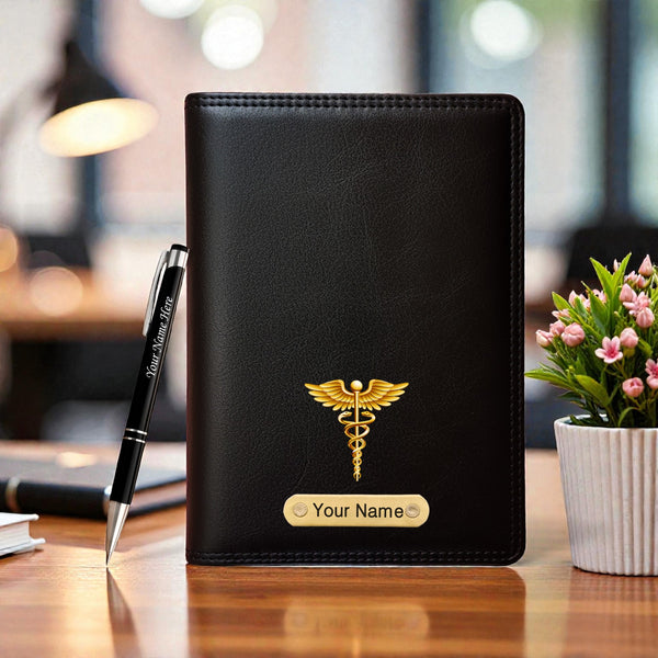 Customized Black Leather Diary with Coloured Doctor Logo & Name Engraved Pen.