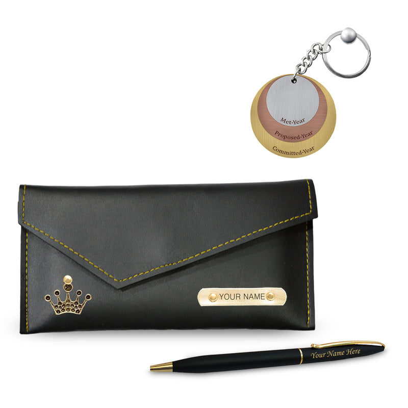 Valentine Female Gift Set – Personalized Keychain, Pen & Women's Clutch.