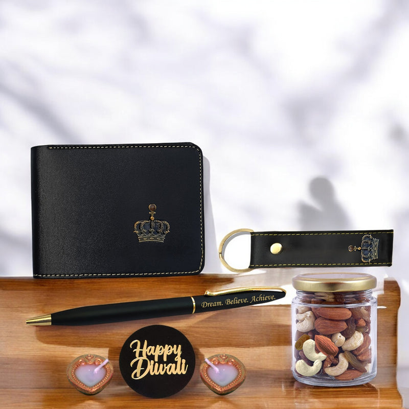 Diwali Gift Set for Men - Leather Wallet, Keychain & King Charm, Quote Engraved Pen