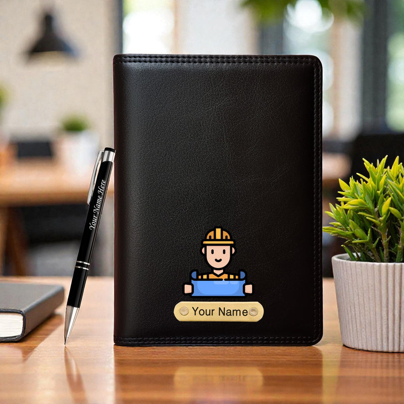 Customized Black Leather Diary with Coloured Logo Embossed & Name Engraved Pen.