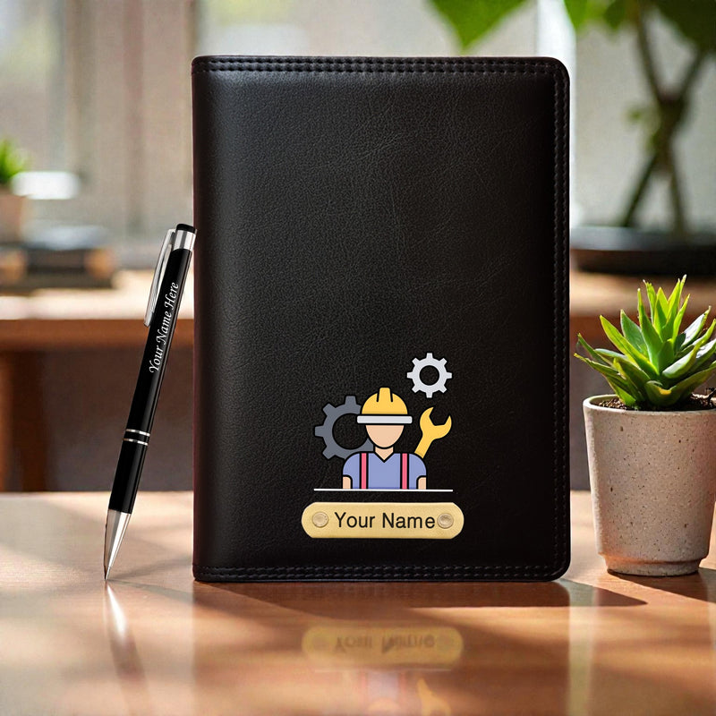 Customized Black Leather Diary with Coloured Engineer Logo & Name Engraved Pen.