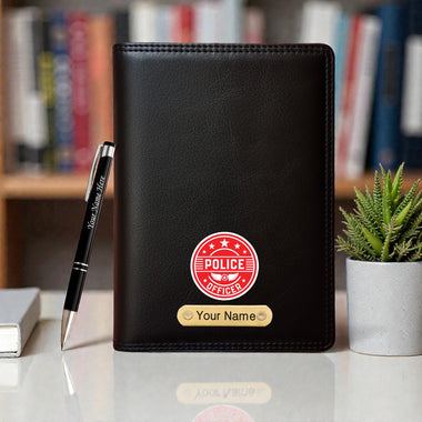 Customized Black Leather Diary with Coloured Police Logo & Name Engraved Pen.