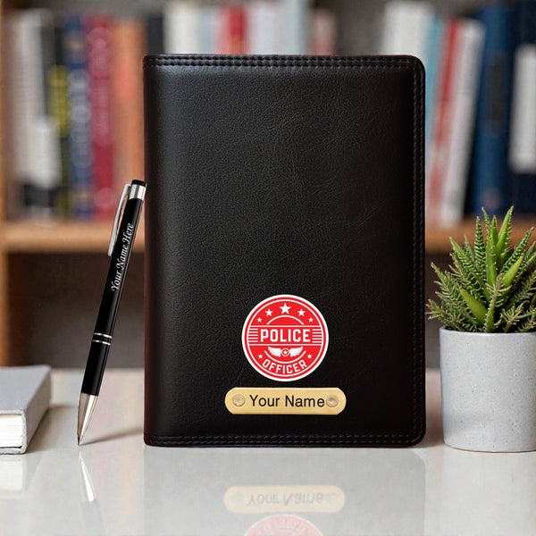Customized Black Leather Diary with Coloured Police Logo & Name Engraved Pen.