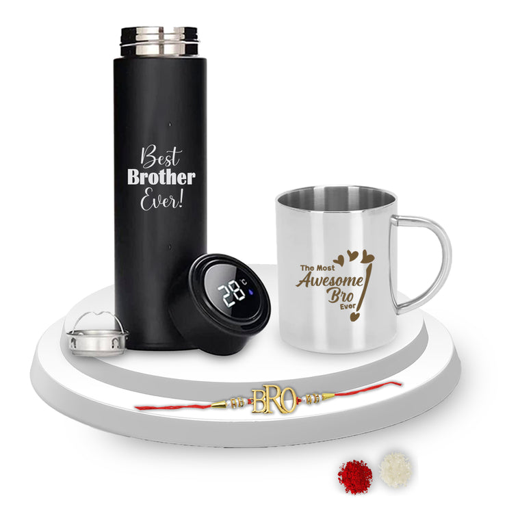 Rakshabandhan Gift Set- Awesome Bro Quote Engraved Mug & Black Bottle