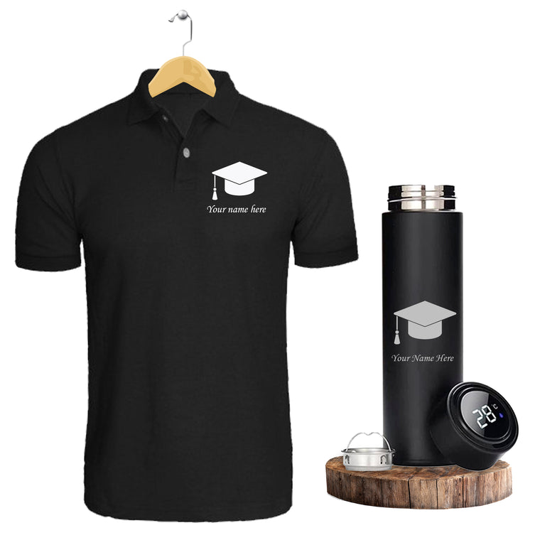 Graduation Combo - Custom Temp Bottle & Black Polo T-Shirt with Name