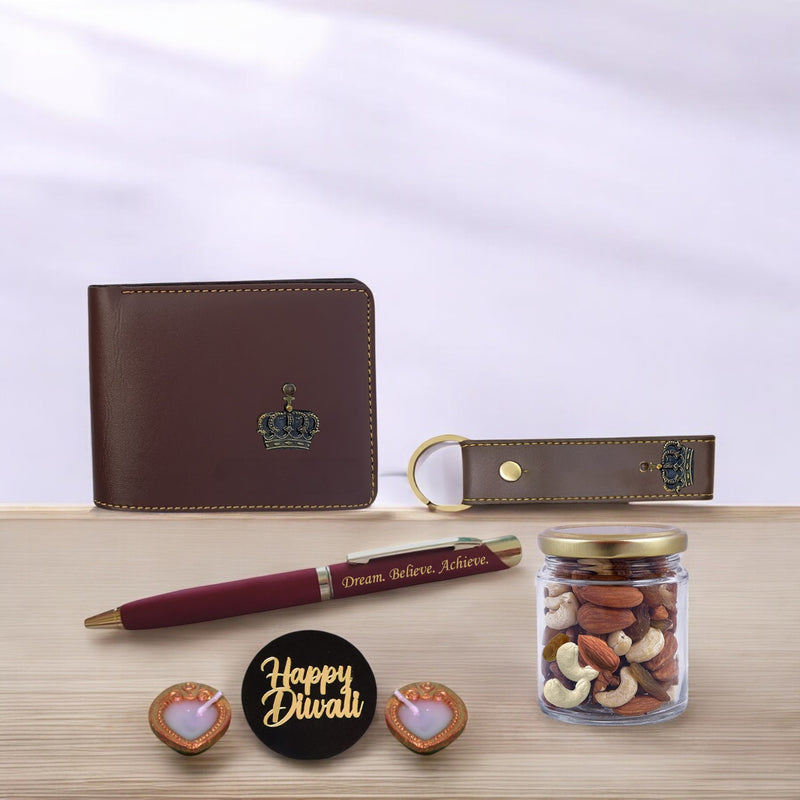 Diwali Gift Set for Men - Leather Wallet, Keychain & King Charm, Quote Engraved Pen