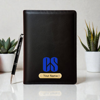 Customized Black Leather Diary with Colored CS Logo Design & Name Engraved Pen.