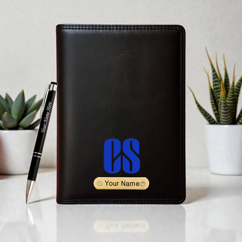 Customized Black Leather Diary with Colored CS Logo Design & Name Engraved Pen.