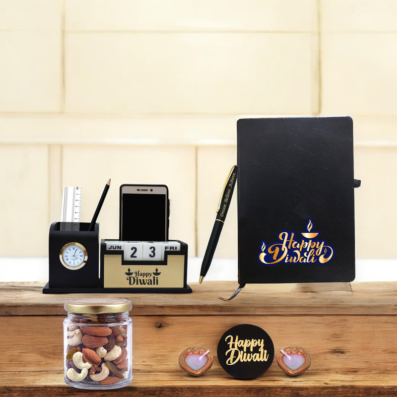 Diwali Gift Set -Pen,Diary & Pen Stand with 'Happy Diwali' Quote Engraved