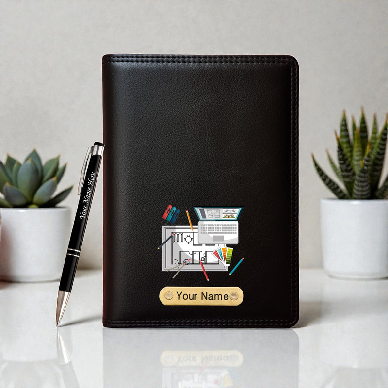 Customized Black Leather Diary with Coloured Logo Embossed & Name Engraved Pen.