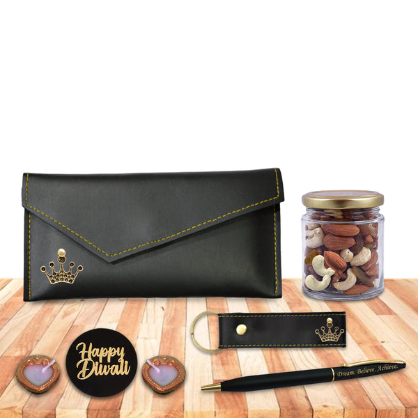 Diwali Gift Set for Women – Leather Clutch with Queen Charm, Engraved Pen & Keychain.