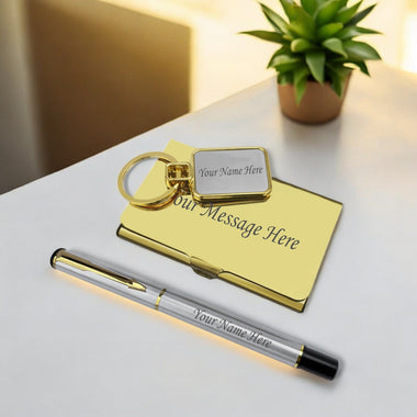 Golden Corporate Gift Set - Custom Engraved Pen, Keychain & Card Holder