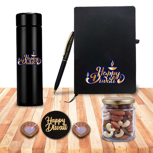 Diwali Gift Combo – Leather Diary, 'Happy Diwali' Bottle & Engraved Pen.