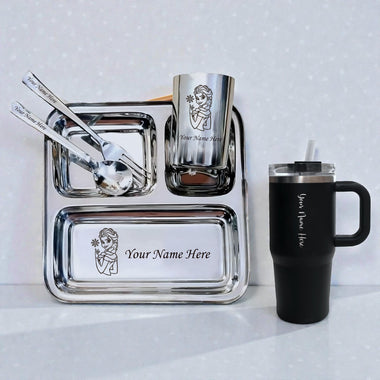 Kids Combo Set – Customized 3-Compartment Steel Plate with Name & Cartoon Design with Name Engraved 500 ml Mini Straw Tumbler