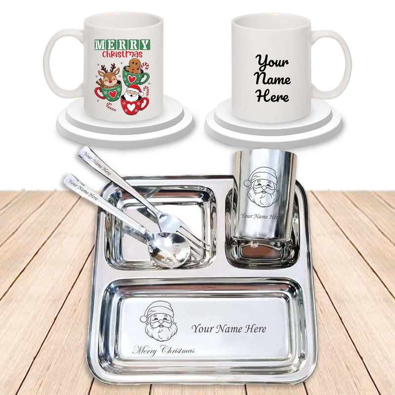 Custom Christmas Gift Set - 3-Compartment Plate & Mug with Name & Cartoon