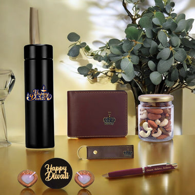 Diwali Gift Set – Men's Leather Wallet, King Charm, Keychain, Pen & 'Happy Diwali' Bottle.