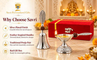 Silver Plated German Diya & Bell Set with Feather Handles & Red Gift Box | Diwali, Pooja & Housewarming Gift