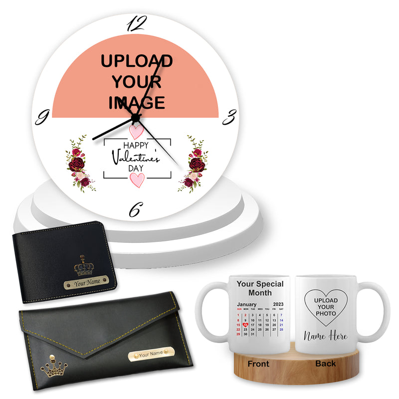 Valentine Custom Combo  Set- Wallet & Clutch Set with Name & Charm,  Memorable Date Calendar Mug, & Valentine Theme Wall Clock.