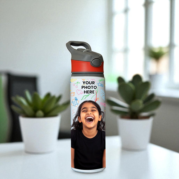 Custom Photo Printed Straw Water Bottle with Name – 750 ml