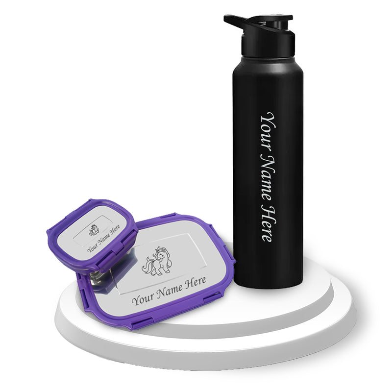 Customized Name Kid Combo-Stainless Steel Lunch Box & 1000ml Bottle.