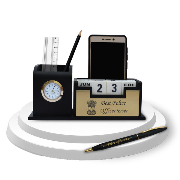 Police Officer Set - Pen with 'Best Police Officer' Engraved & Pen Stand with Ashok Stambh Logo