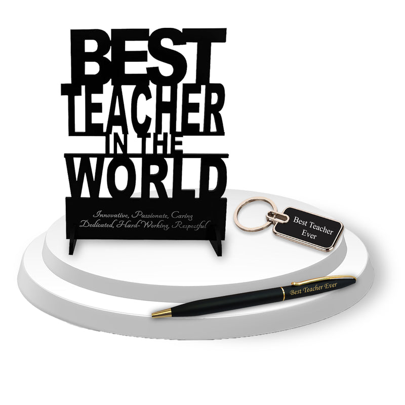 Premium Teacher Gift Set: Engraved Keychain, Elegant Pen & Acrylic Stand