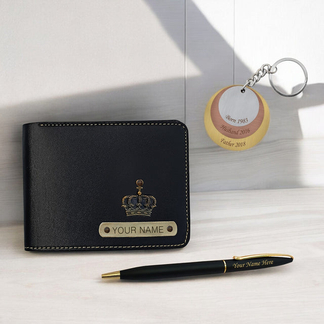 Personalized Anniversary Combo: Trinity Keychain, Engraved Pen & Personalized Wallet