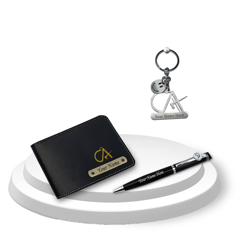 CA Combo: CA Logo Keychain, Pen & Wallet with Name.