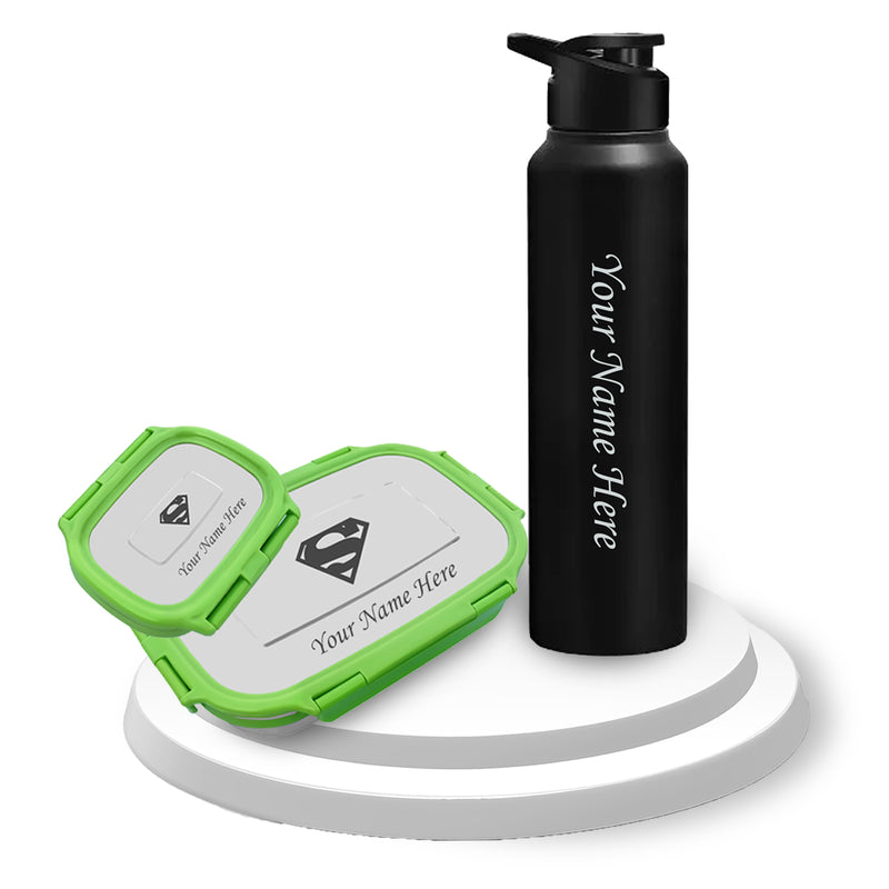 Customized Name Kid Combo-Stainless Steel Lunch Box & 1000ml Bottle.