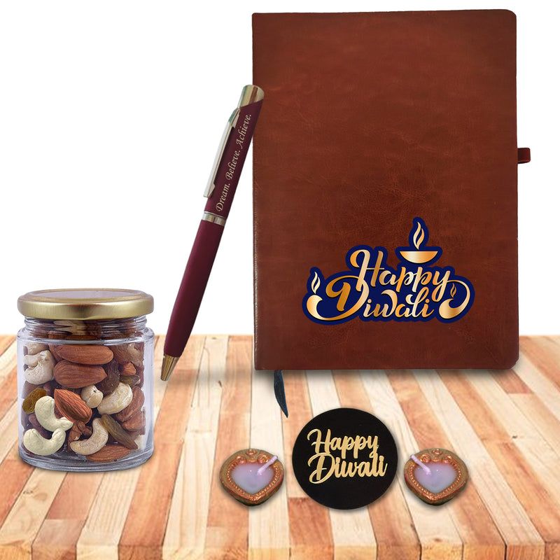 Diwali Gift Set - Leather Diary, Engraved Pen, Dry Fruit Jar & Diyas.