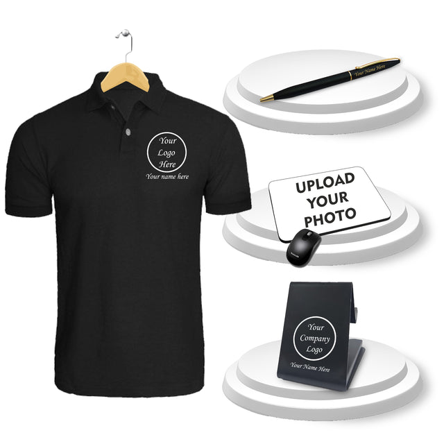 Executive Combo Set - Slim Pen, Metal Mobile Stand, Mouse Pad & Custom Polo T-Shirt.