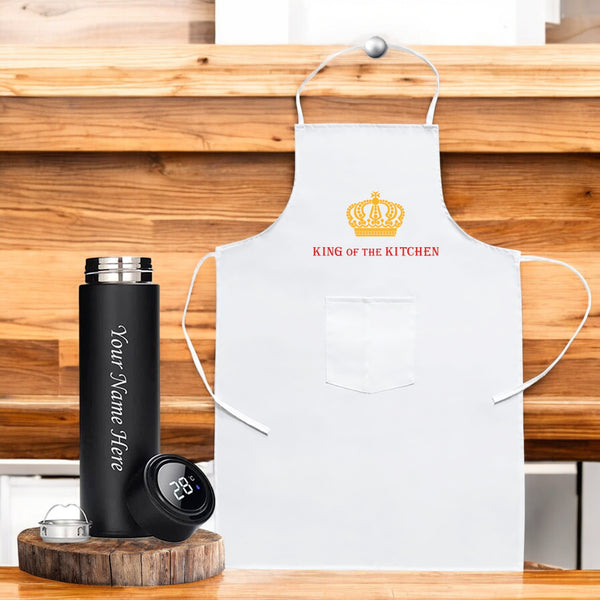 Father's Day Gift Combo- Black Bottle & Adult Apron White. Best gift for Father's Day