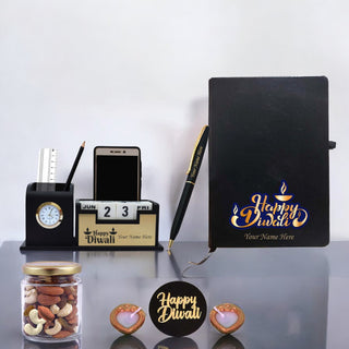 Diwali Gift Set – Pen, Diary, Pen Stand with Name & 'Happy Diwali' Quote.