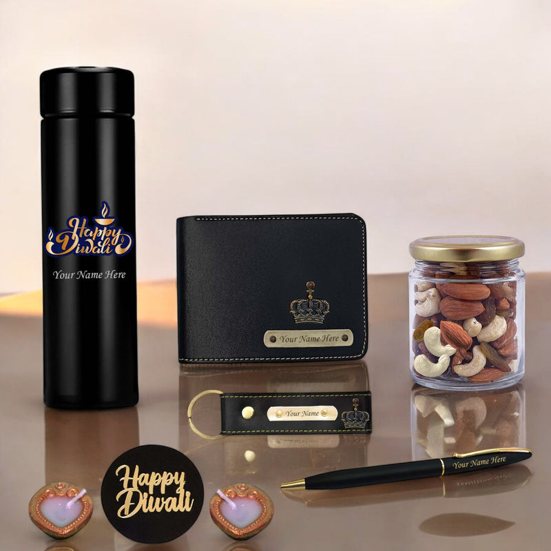 Diwali Gift Set for Men – Leather Wallet, Keychain, Bottle, Custom Pen With Dry Fruits & Diyas.