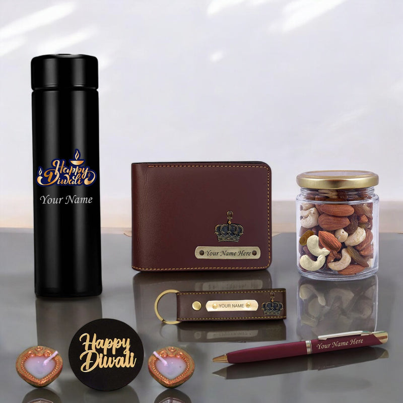 Diwali Gift Set for Men – Leather Wallet, Keychain, Bottle, Custom Pen With Dry Fruits & Diyas.